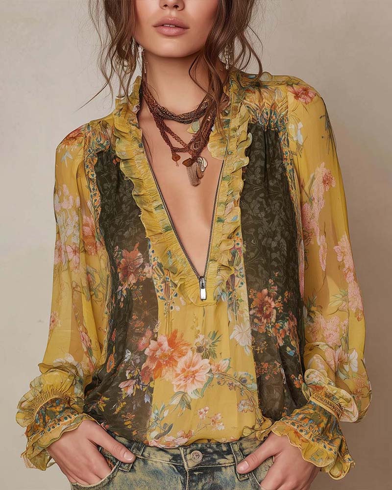 Lillian – Romantic Floral Zipper Blouse