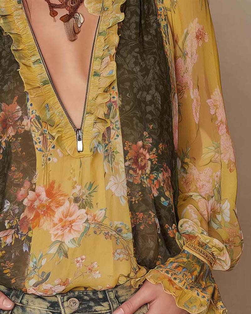 Lillian – Romantic Floral Zipper Blouse