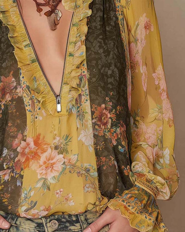 Lillian – Romantic Floral Zipper Blouse