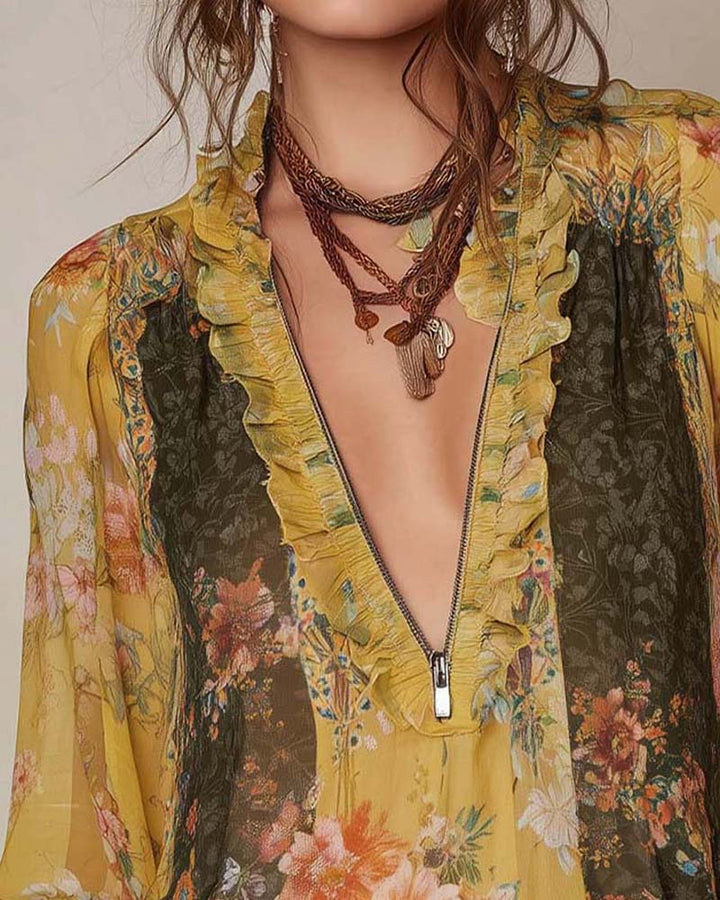 Lillian – Romantic Floral Zipper Blouse