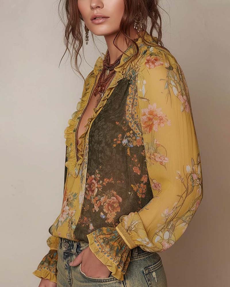 Lillian – Romantic Floral Zipper Blouse